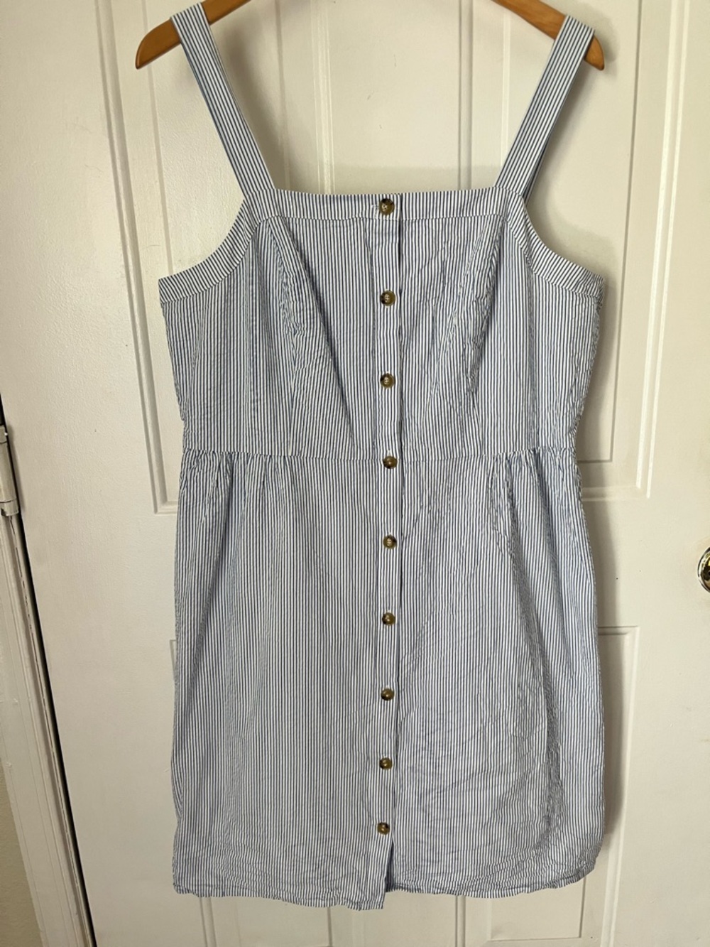 J.Crew Dress Womens 16 Blue White Stripe Button Front Seersucker Sundress Midi
